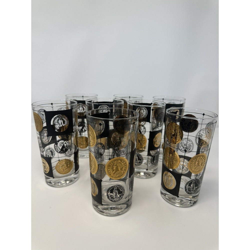 Set Of 7 Vintage Mid Century Gold & Black Coin Highball Glasses Liberty MINT